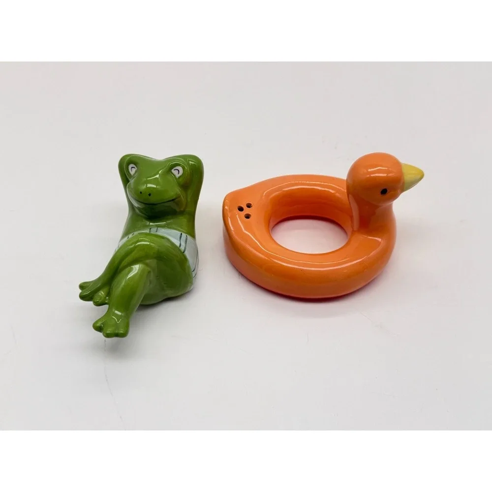 Ceramic Whimsical Frog in Swim Trunks on Duck Pool Float Salt & Pepper Shakers